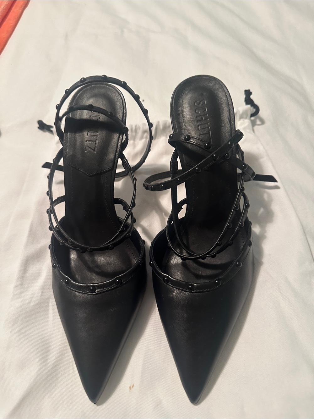 SCHUTZ Black Studded Pointed Toe Strappy Heels